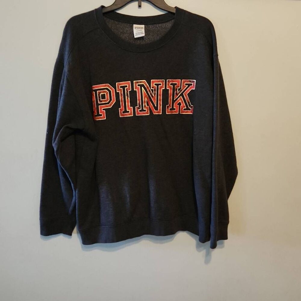 Victoria’s Secret Pink Pullover Plaid Logo Sweatshirt Charcoal Gray Size L